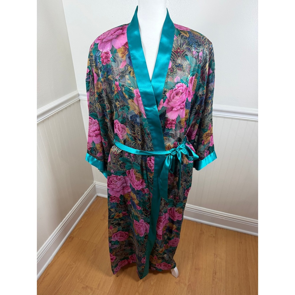 Inner Most Sears Vintage Long Floral Kimono Robe Teal‎ Trim Sheer Women Size L